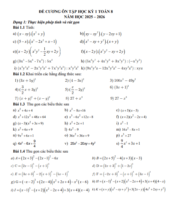 đề cương học kì 1 toán 8 năm 2025 – 2026 trường thcs phúc diễn – hà nội