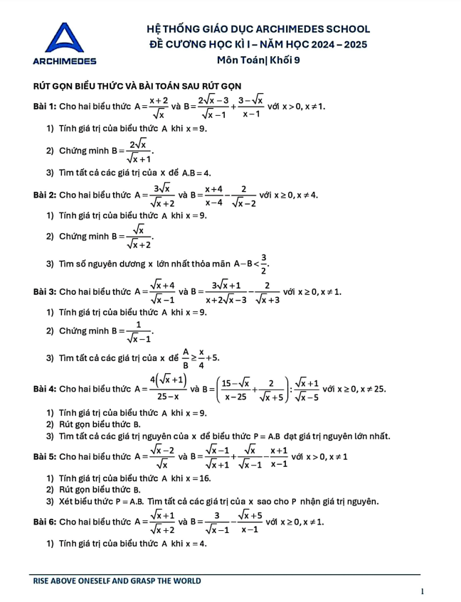 đề cương học kì 1 toán 9 năm 2024 – 2025 hệ thống gd archimedes school – hà nội