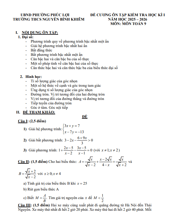 đề cương học kì 1 toán 9 năm 2025 – 2026 trường thcs nguyễn bỉnh khiêm – hà nội