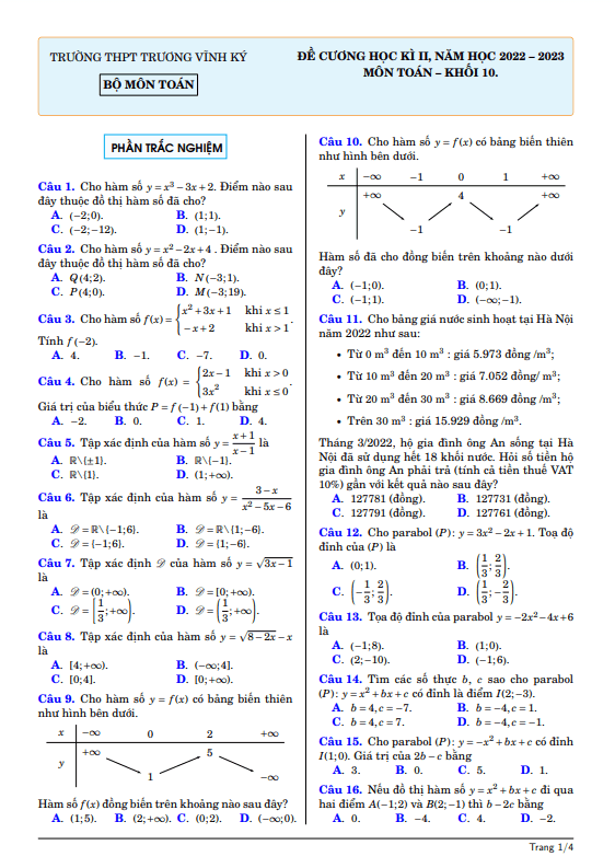 đề cương học kì 2 toán 10 năm 2022 – 2023 trường thpt trương vĩnh ký – bến tre