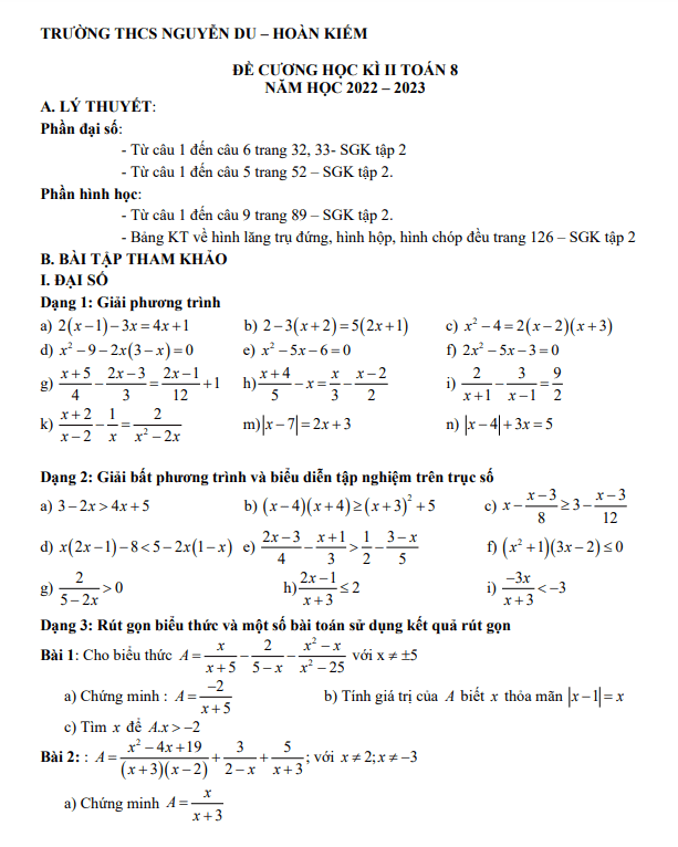 đề cương học kì 2 toán 8 năm 2022 – 2023 trường thcs nguyễn du – hà nội