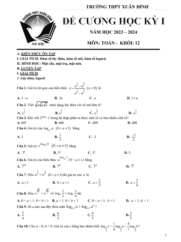 đề cương học kỳ 1 toán 12 năm 2023 – 2024 trường thpt xuân đỉnh – hà nội