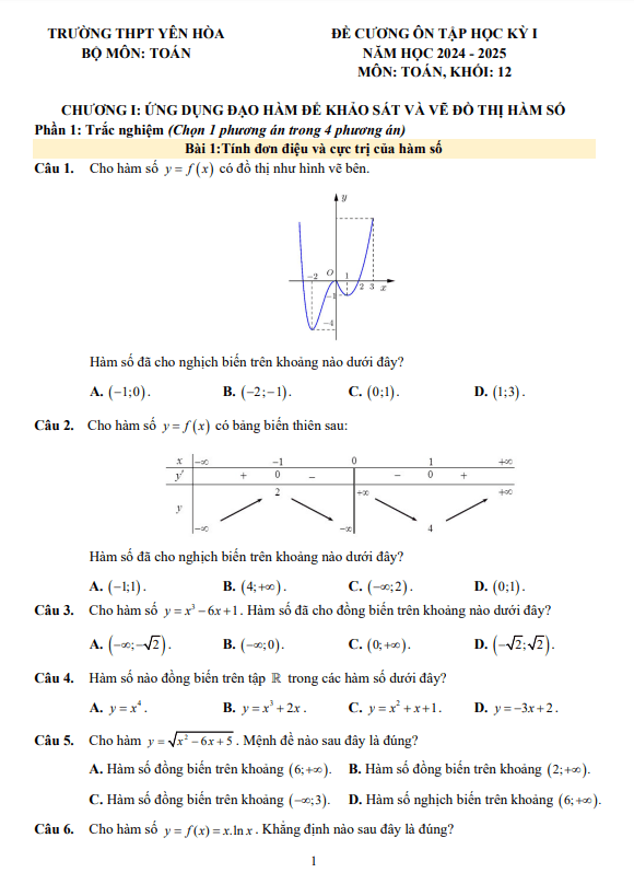 đề cương học kỳ 1 toán 12 năm 2024 – 2025 trường thpt yên hòa – hà nội