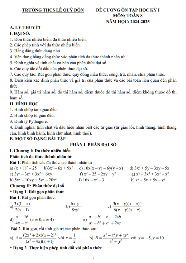 đề cương học kỳ 1 toán 8 năm 2024 – 2025 trường thcs lê quý đôn – hà nội