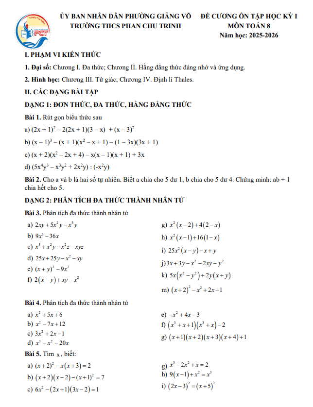 đề cương học kỳ 1 toán 8 năm 2025 – 2026 trường thcs phan chu trinh – hà nội
