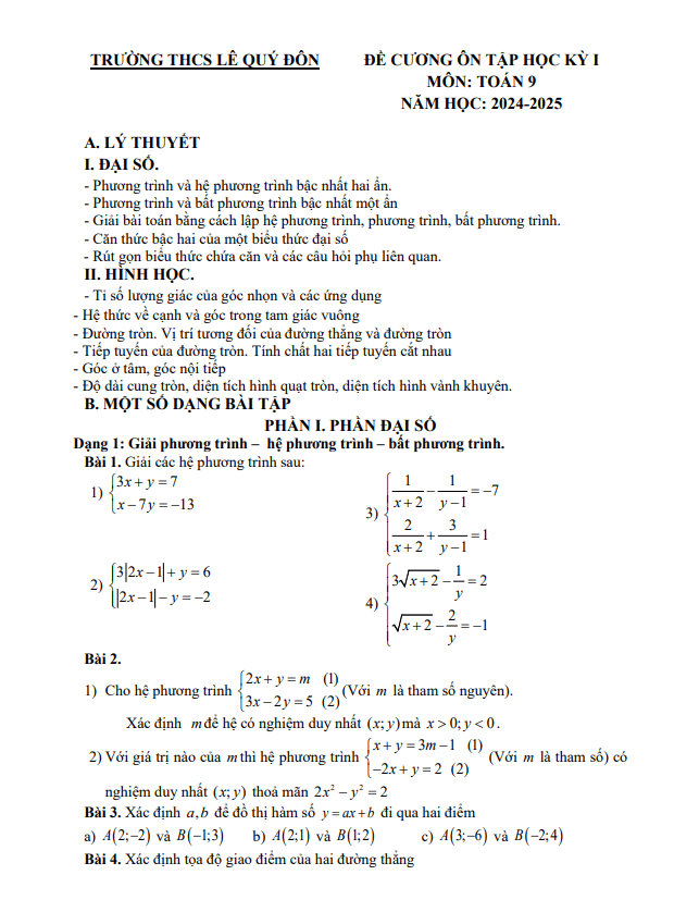 đề cương học kỳ 1 toán 9 năm 2024 – 2025 trường thcs lê quý đôn – hà nội