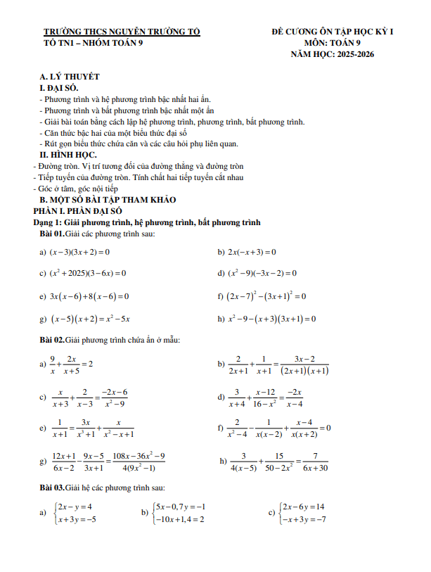 đề cương học kỳ 1 toán 9 năm 2025 – 2026 trường thcs nguyễn trường tộ – hà nội