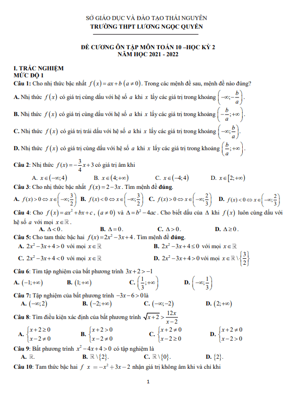 đề cương học kỳ 2 toán 10 năm 2021 – 2022 trường lương ngọc quyến – thái nguyên