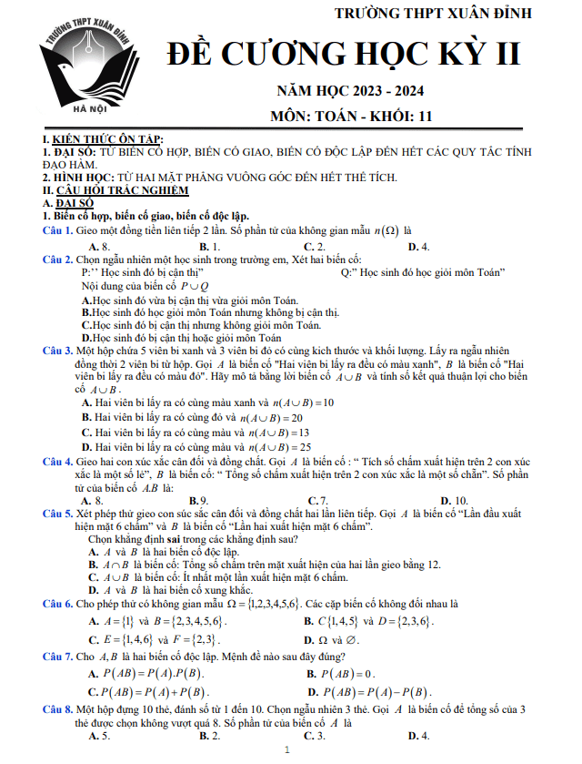 đề cương học kỳ 2 toán 11 năm 2023 – 2024 trường thpt xuân đỉnh – hà nội