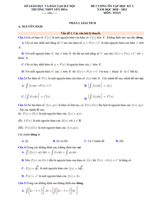 đề cương học kỳ 2 toán 12 năm 2020 – 2021 trường thpt yên hòa – hà nội