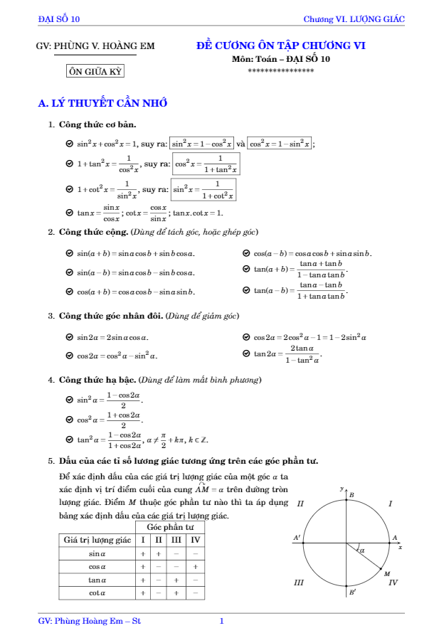 đề cương ôn tập cung và góc lượng giác, công thức lượng giác – phùng hoàng em