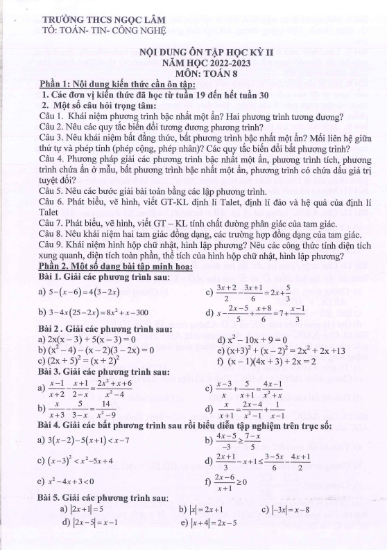 đề cương ôn tập cuối kì 2 toán 8 năm 2022 – 2023 trường thcs ngọc lâm – hà nội