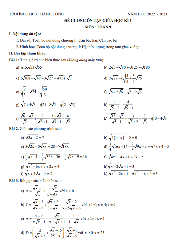 đề cương ôn tập giữa kì 1 toán 9 năm 2022 – 2023 trường thcs thành công – hà nội