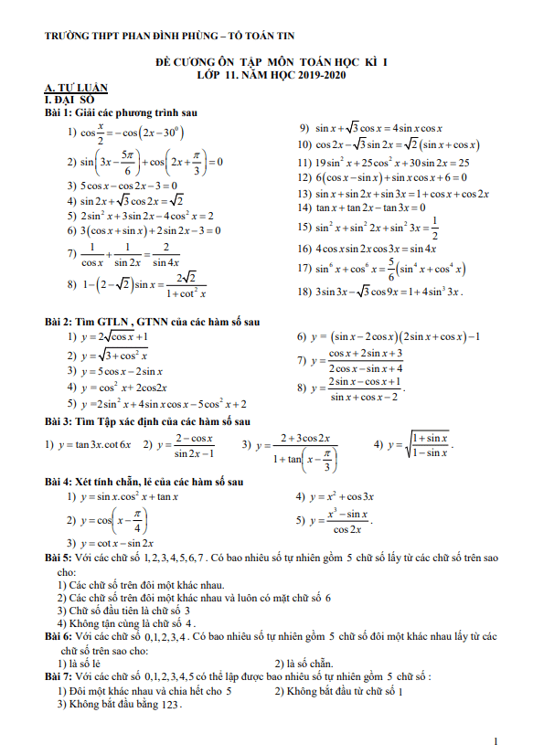 đề cương ôn tập hk1 toán 11 năm 2019 – 2020 trường thpt phan đình phùng – hà nội