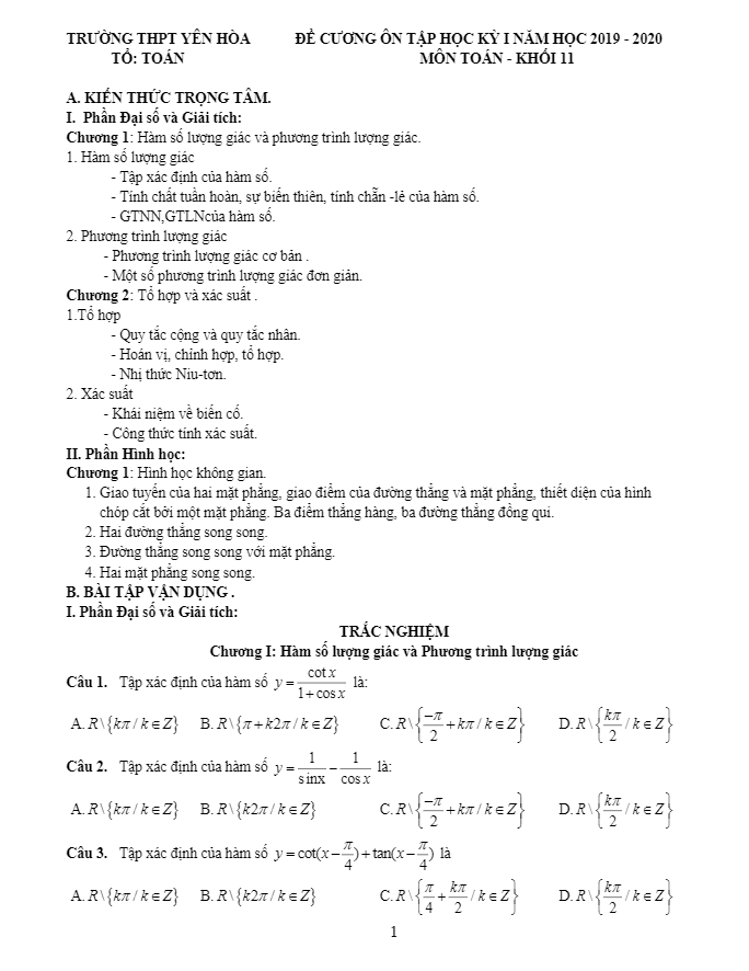 đề cương ôn tập hk1 toán 11 năm 2019 – 2020 trường yên hòa – hà nội