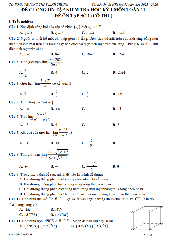 đề cương ôn tập hk1 toán 11 năm 2025 – 2026 trường thpt linh trung – tp hcm