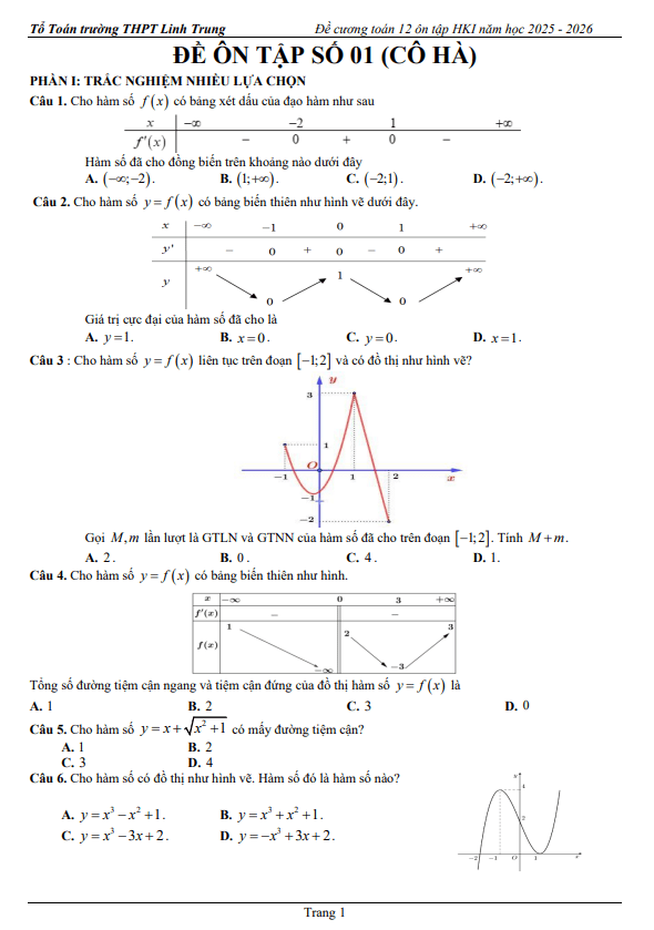 đề cương ôn tập hk1 toán 12 năm 2025 – 2026 trường thpt linh trung – tp hcm