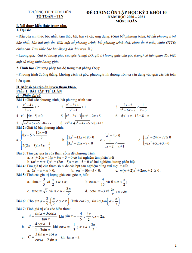 đề cương ôn tập hk2 toán 10 năm 2020 – 2021 trường thpt kim liên – hà nội