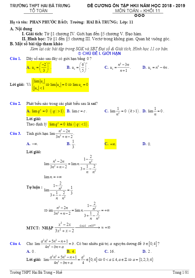 đề cương ôn tập hk2 toán 11 năm 2018 – 2019 trường hai bà trưng – tt huế