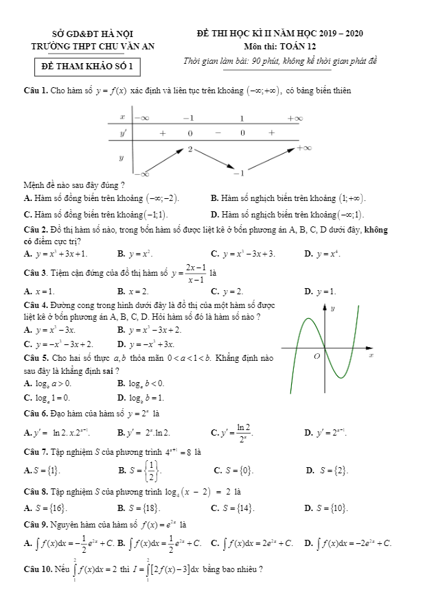 đề cương ôn tập hk2 toán 12 năm 2019 – 2020 trường chu văn an – hà nội