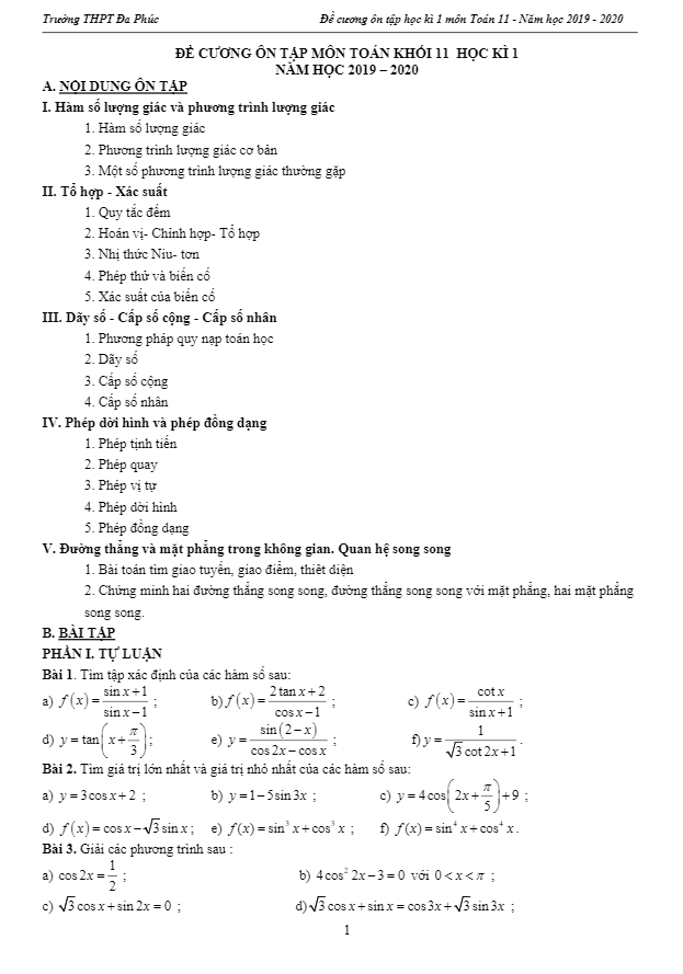 đề cương ôn tập học kì 1 toán 11 năm 2019 – 2020 trường đa phúc – hà nội