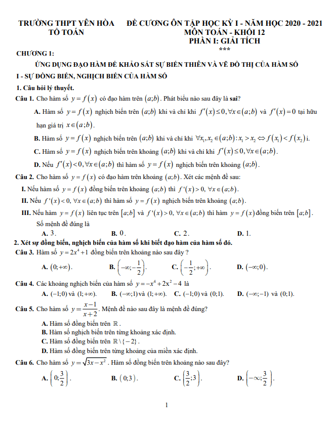 đề cương ôn tập học kỳ 1 toán 12 năm 2020 – 2021 trường thpt yên hòa – hà nội
