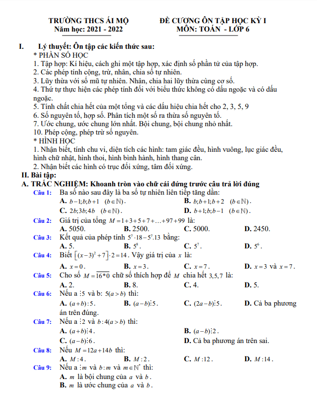 đề cương ôn tập học kỳ 1 toán 6 năm 2021 – 2022 trường thcs ái mộ – hà nội