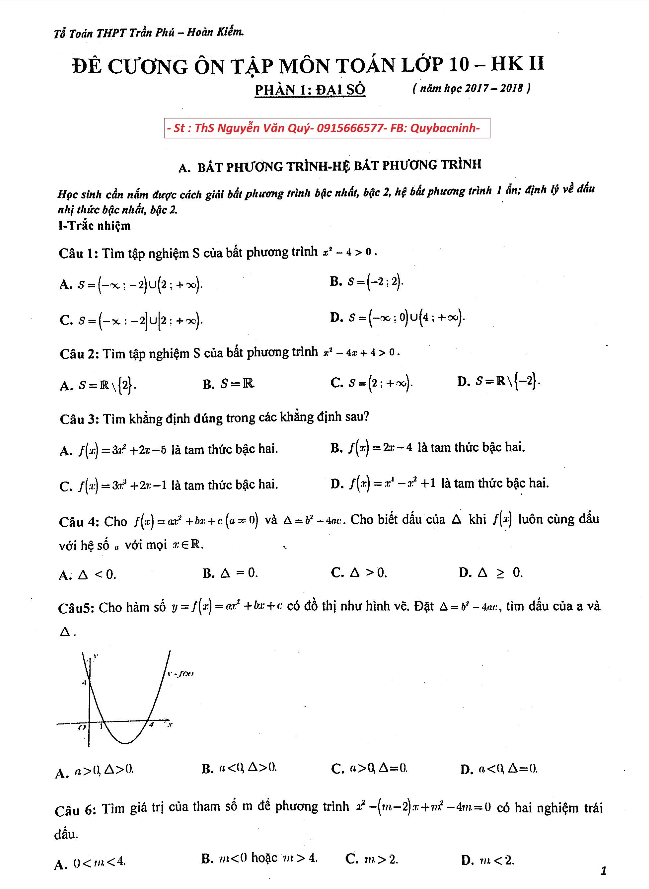 đề cương ôn tập toán 10 hk2 năm học 2017 – 2018 trường thpt trần phú – hà nội