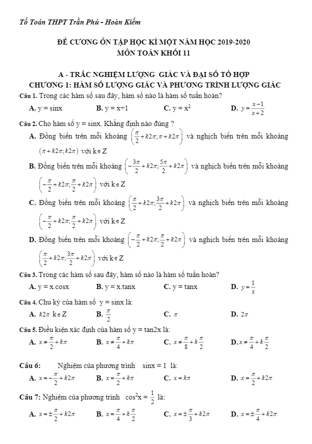 đề cương ôn tập toán 11 hki năm 2019 – 2020 trường thpt trần phú – hà nội