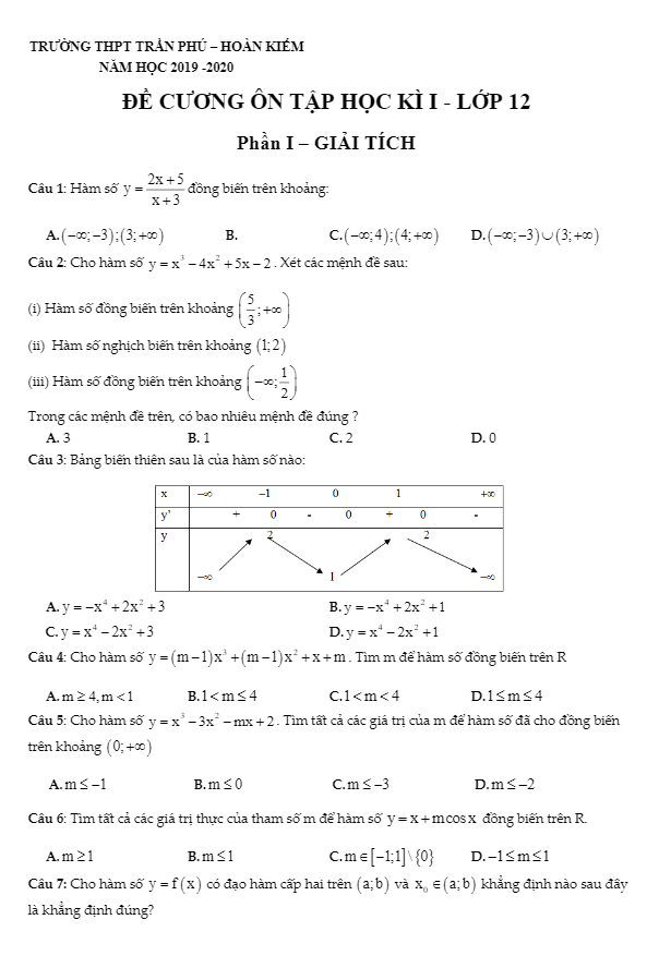 đề cương ôn tập toán 12 hki năm 2019 – 2020 trường thpt trần phú – hà nội