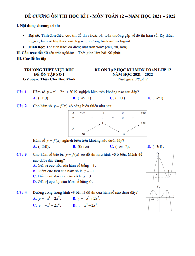 đề cương ôn thi học kì 1 toán 12 năm 2021 – 2022 trường thpt việt đức – hà nội