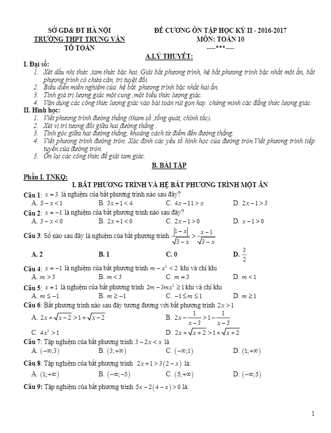 đề cương ôn thi học kỳ 2 toán 10 trường thpt trung văn – hà nội