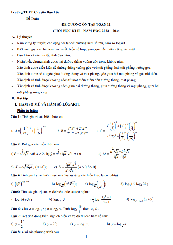 đề cương toán 11 học kì 2 năm 2023 – 2024 trường thpt chuyên bảo lộc – lâm đồng