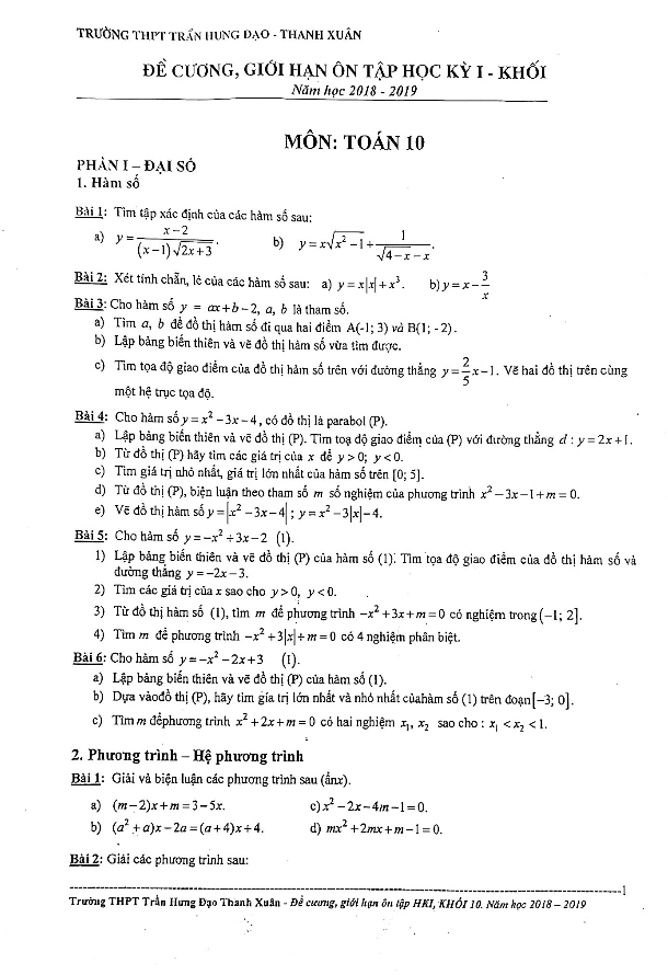 đề cương và giới hạn ôn tập hk1 toán 10 năm 2018 – 2019 trường trần hưng đạo – hà nội