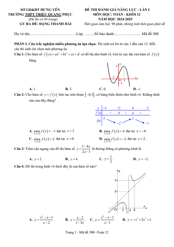 đề đánh giá toán 12 lần 1 năm 2024 – 2025 trường thpt triệu quang phục – hưng yên