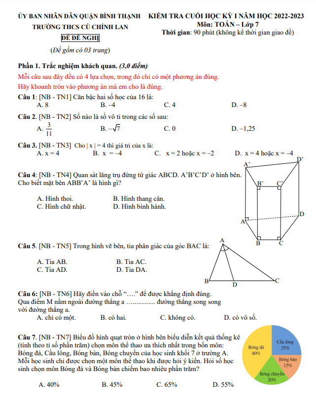 đề đề nghị cuối kỳ 1 toán 7 năm 2022 – 2023 trường thcs cù chính lan – tp hcm