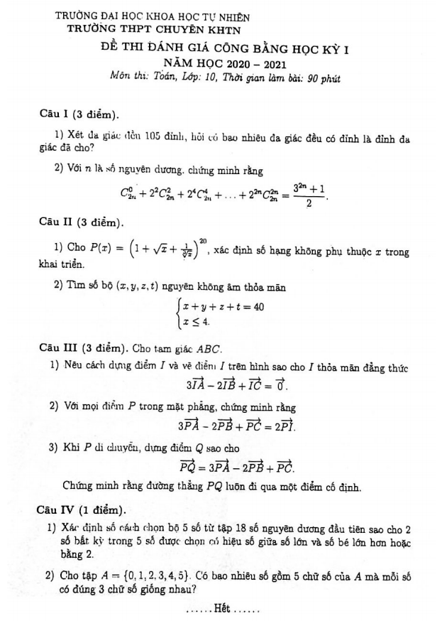 đề đgcb học kỳ 1 toán 10 năm 2020 – 2021 trường thpt chuyên khtn – hà nội