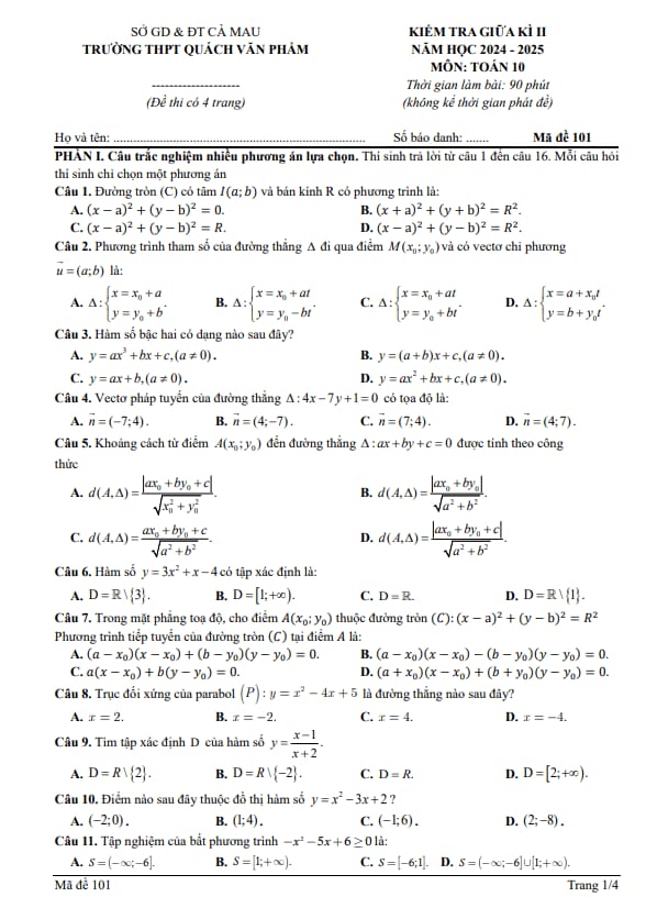 đề ghk2 toán 10 năm 2024 – 2025 trường thpt quách văn phẩm – cà mau