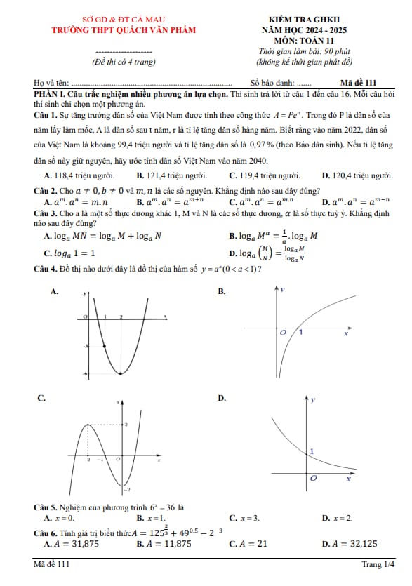 đề ghk2 toán 11 năm 2024 – 2025 trường thpt quách văn phẩm – cà mau