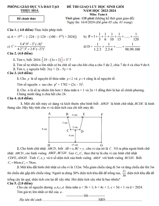 đề giao lưu hsg toán 6 năm 2023 – 2024 phòng gd&đt thiệu hóa – thanh hóa