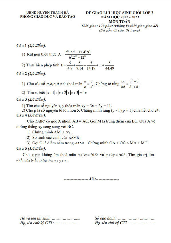 đề giao lưu hsg toán 7 năm 2022 – 2023 phòng gd&đt thanh hà – hải dương
