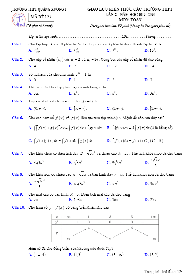 đề giao lưu kiến thức toán năm 2019 – 2020 lần 2 trường quảng xương 1 – thanh hóa