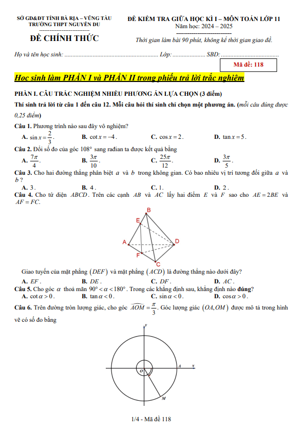 đề giữa hk1 toán 11 năm 2024 – 2025 trường thpt nguyễn du – br vt