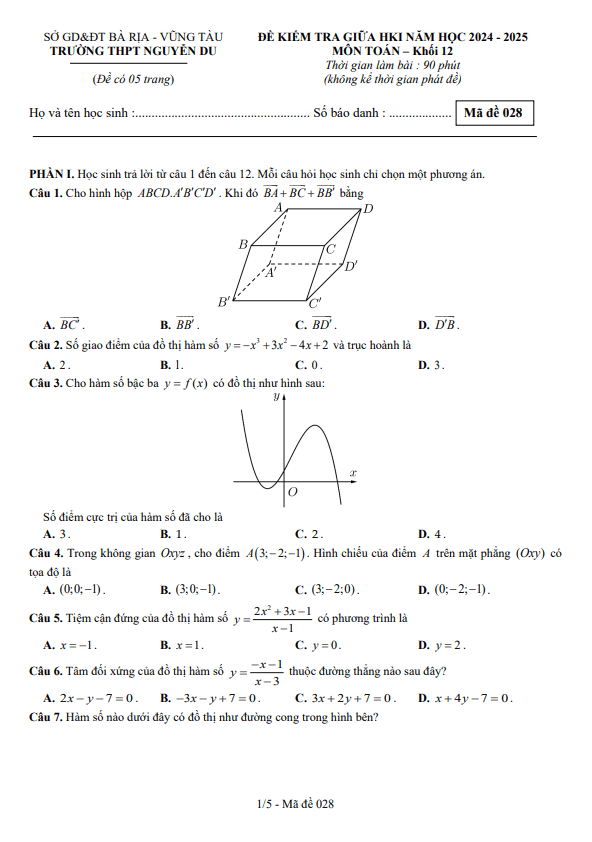 đề giữa hk1 toán 12 năm 2024 – 2025 trường thpt nguyễn du – br vt