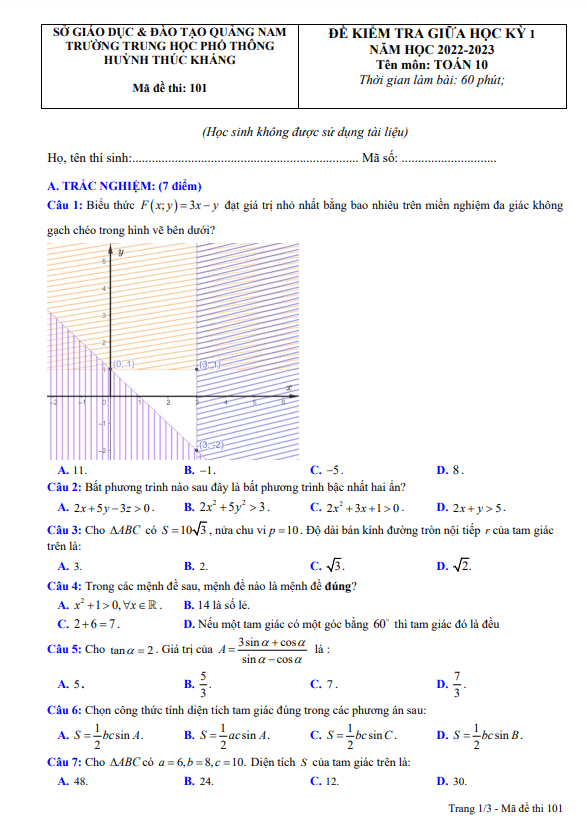 đề giữa học kì 1 toán 10 năm 2022 – 2023 trường thpt huỳnh thúc kháng – quảng nam