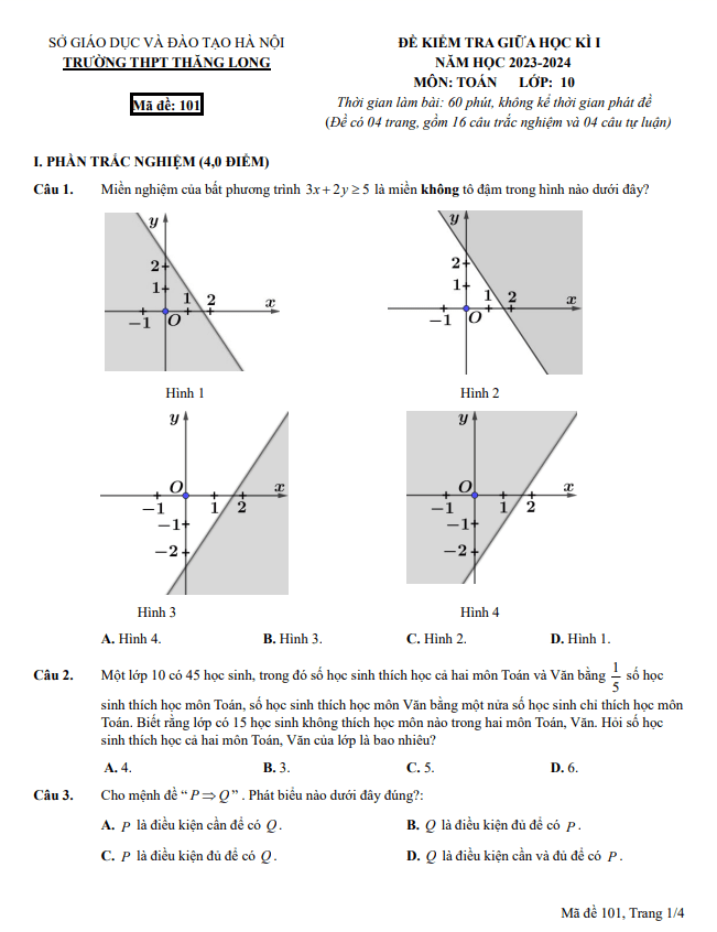 đề giữa học kì 1 toán 10 năm 2023 – 2024 trường thpt thăng long – hà nội