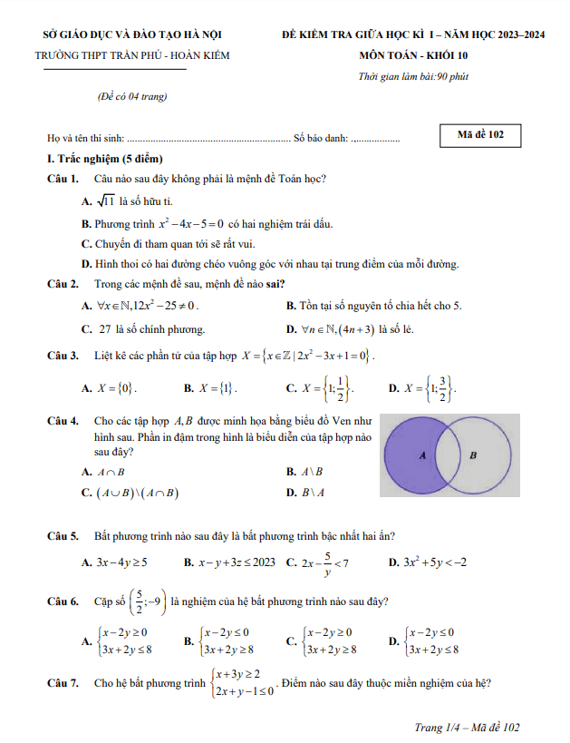 đề giữa học kì 1 toán 10 năm 2023 – 2024 trường thpt trần phú – hà nội