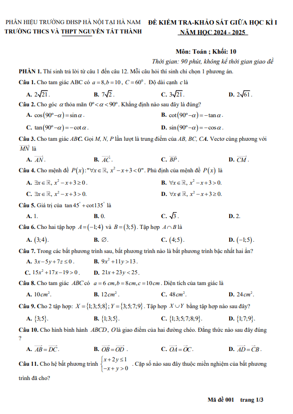 đề giữa học kì 1 toán 10 năm 2024 – 2025 trường nguyễn tất thành – hà nam