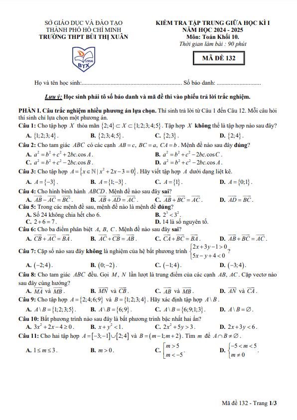 đề giữa học kì 1 toán 10 năm 2024 – 2025 trường thpt bùi thị xuân – tp hcm