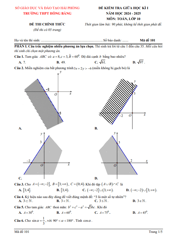 đề giữa học kì 1 toán 10 năm 2024 – 2025 trường thpt hồng bàng – hải phòng